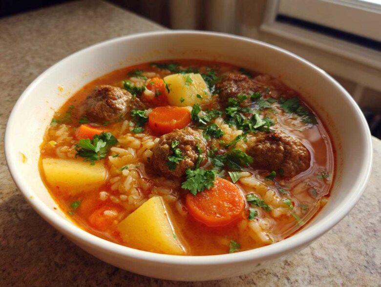 Close-up of a white bowl filled with rich, red broth albondigas soup, featuring meatballs, large potato chunks, carrots, and rice, topped with fresh parsley.