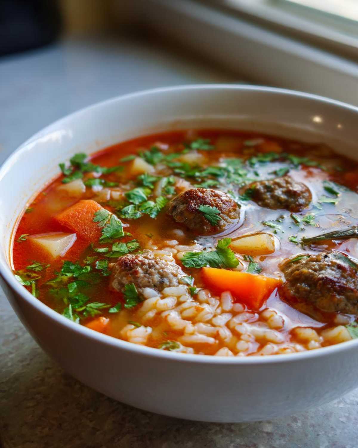 A close-up bowl of rich, red broth albondigas soup filled with small meatballs, rice, carrots, potatoes, and fresh cilantro.