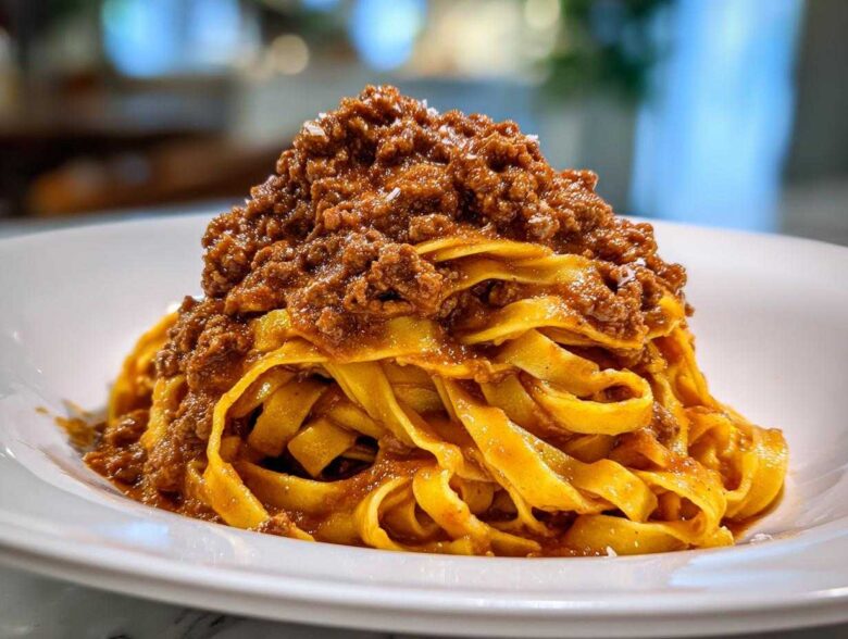 Close-up of rich bolognese sauce piled high on fresh, yellow tagliatelle pasta on a white plate.