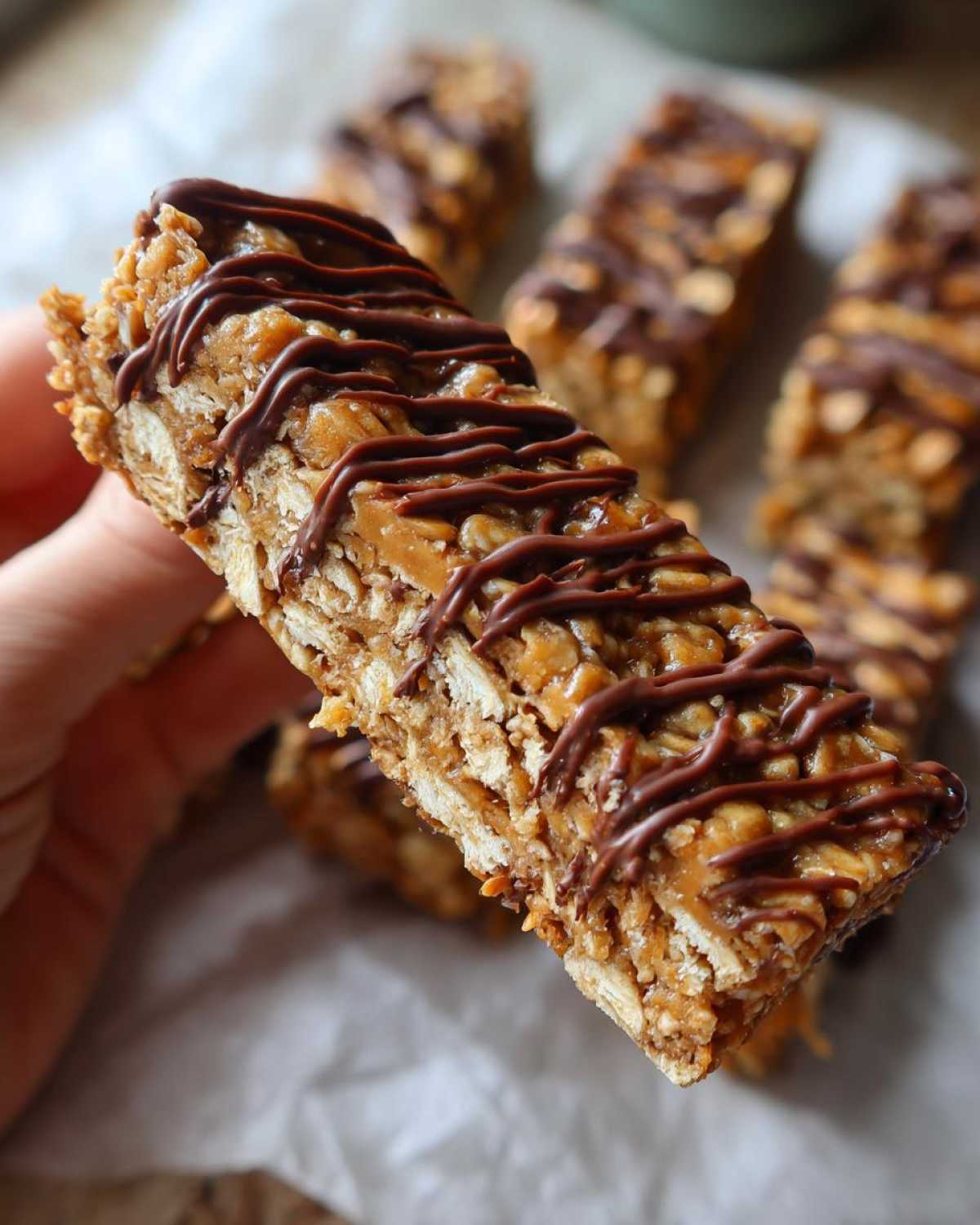 A hand holding one delicious, homemade protein bar drizzled with dark chocolate.