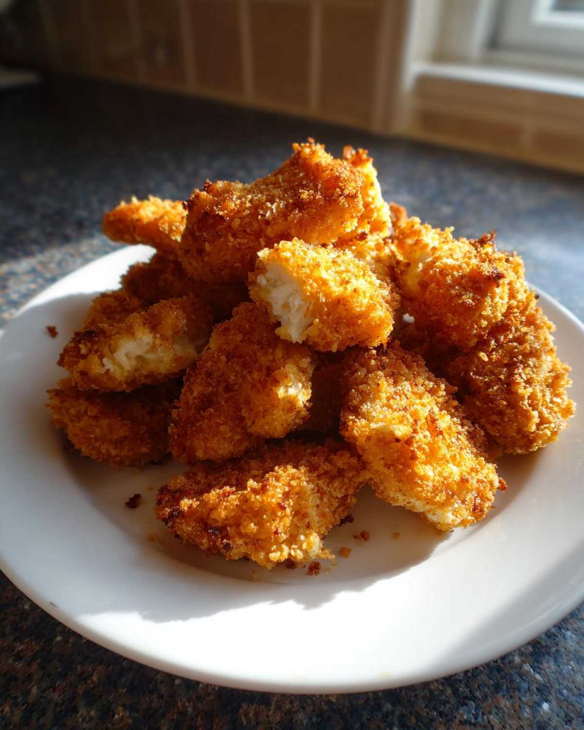 A pile of crispy, golden brown homemade chicken nuggets served on a white plate, one nugget is broken open.