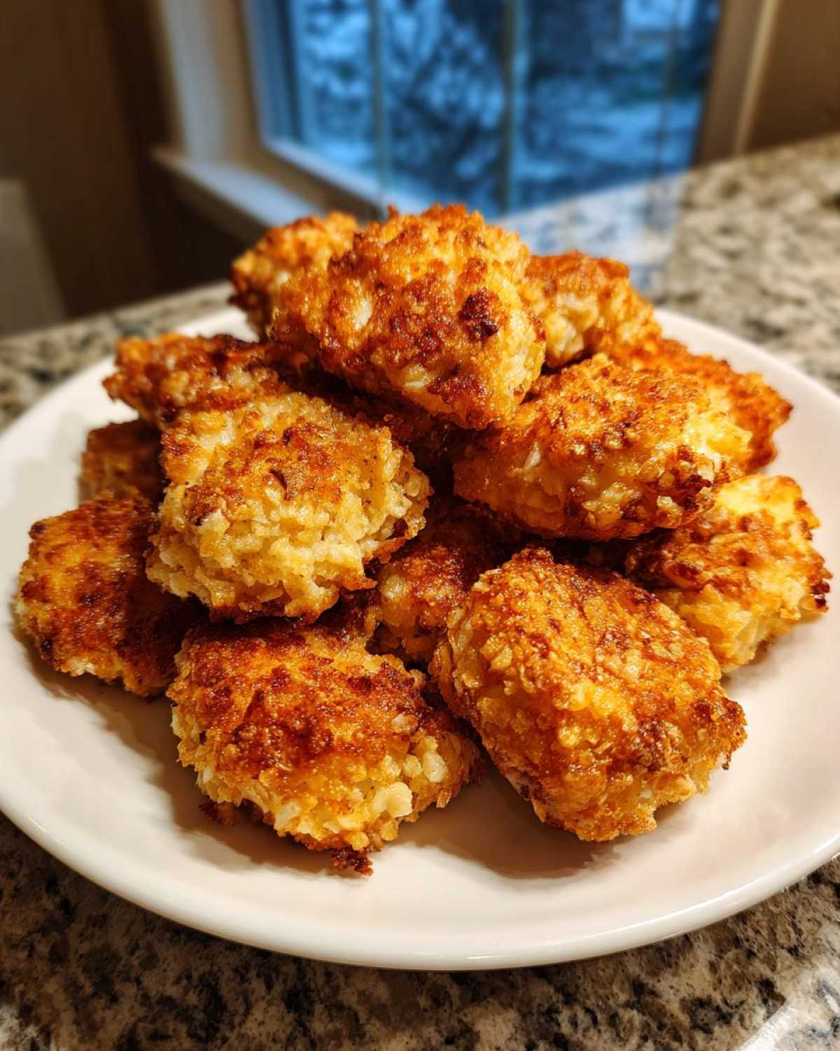A pile of golden brown, crispy homemade chicken nuggets served on a white plate.