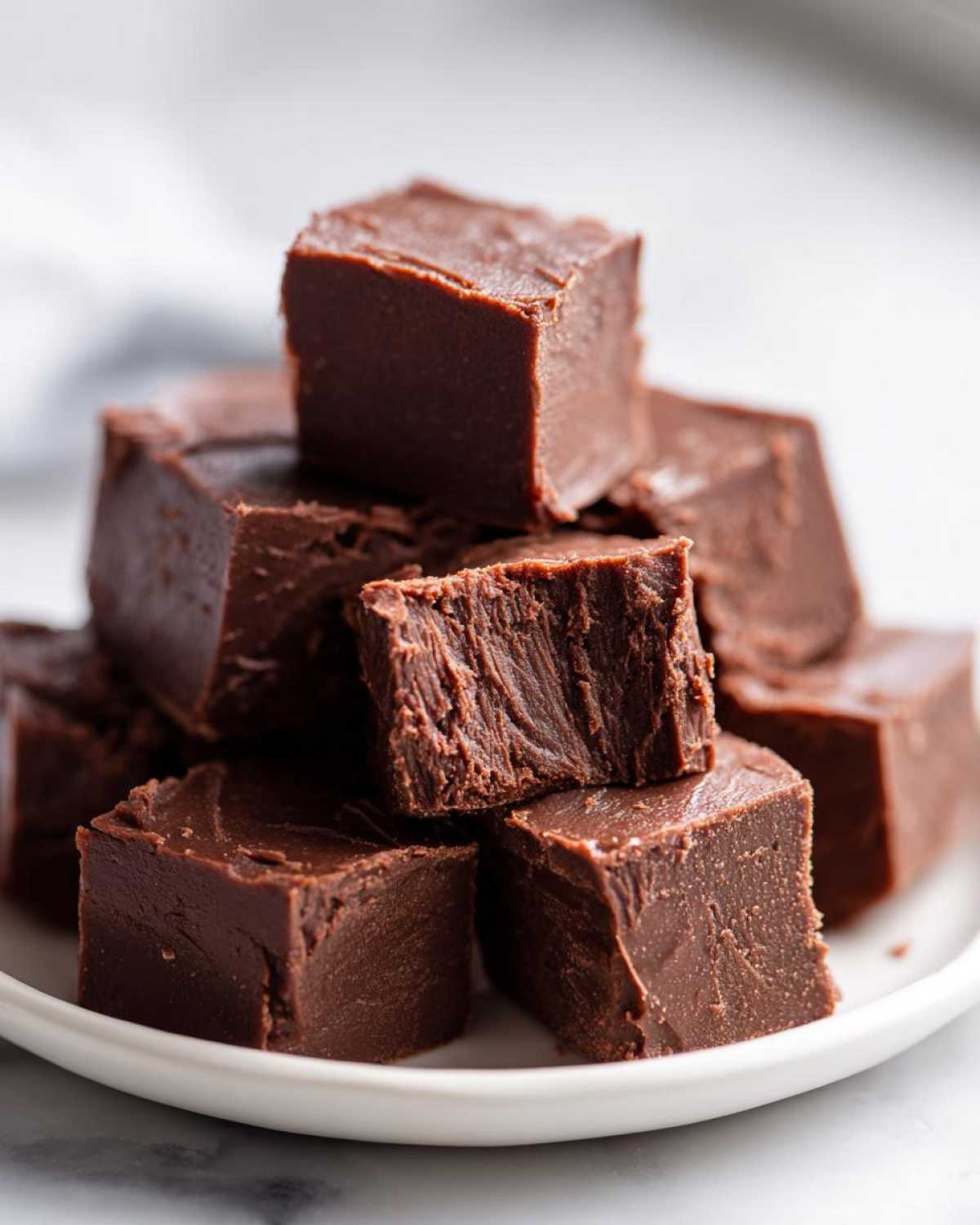 A stack of rich, dark chocolate fudge squares on a white plate, showing the creamy texture of the fudge.