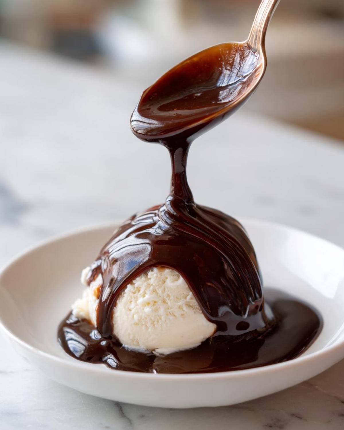 A close-up of thick, glossy chocolate syrup being poured from a spoon over a scoop of vanilla ice cream.