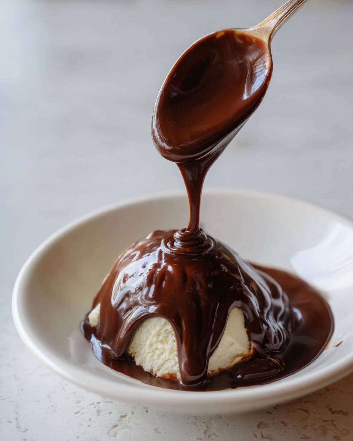 A spoonful of thick, glossy chocolate syrup is being poured over a scoop of vanilla ice cream in a white bowl.