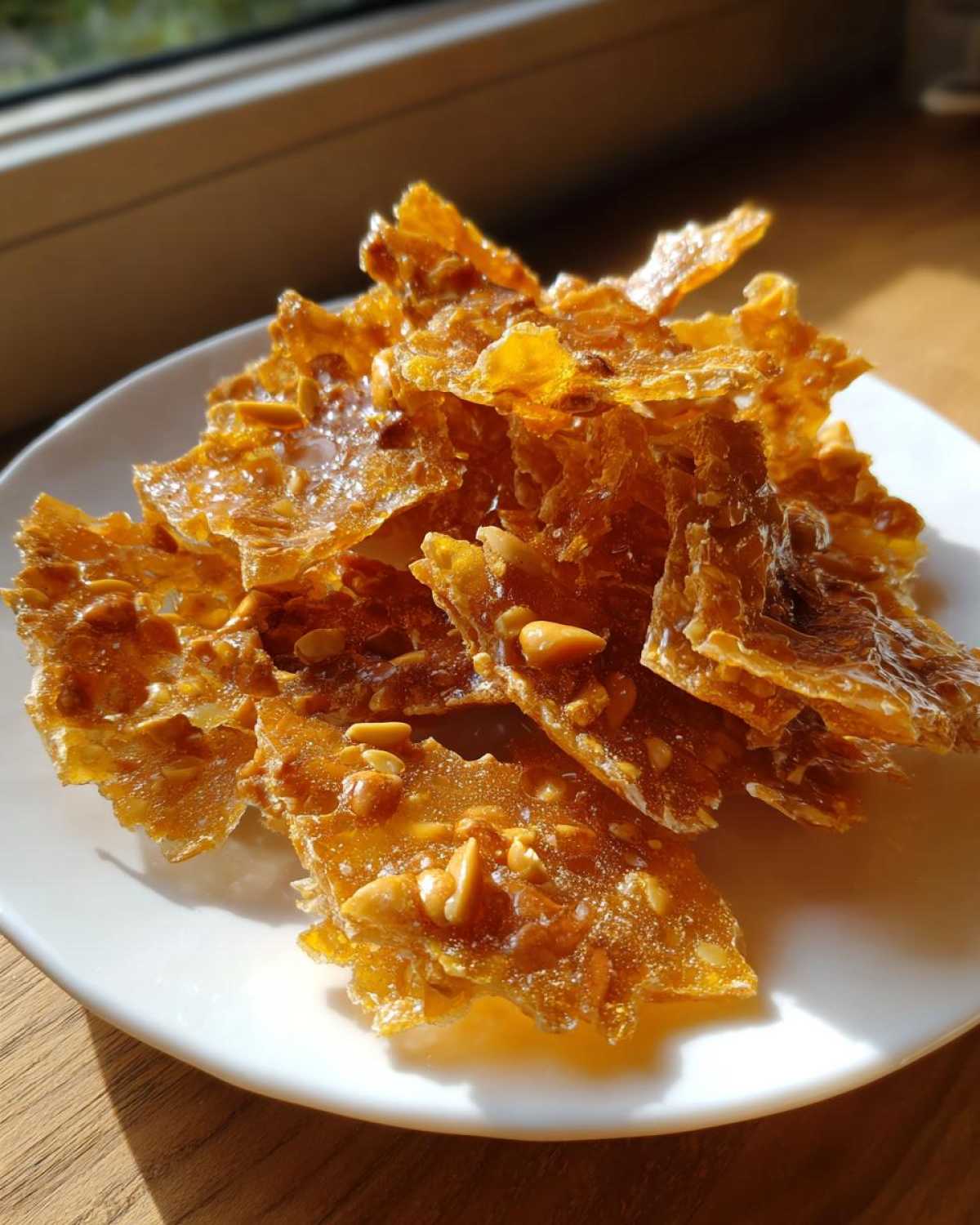 Close-up of shiny, broken pieces of homemade peanut brittle recipe served on a white plate.