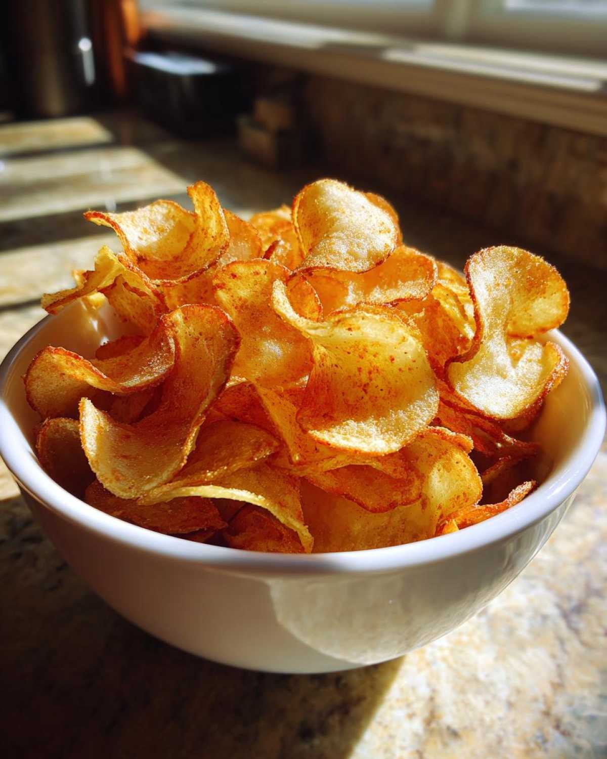 A white bowl overflowing with perfectly crisp, golden homemade potato chips dusted with red seasoning.