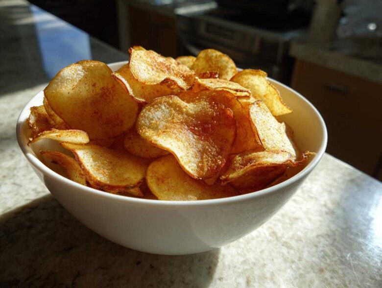 A white bowl overflowing with golden, seasoned homemade potato chips, catching bright sunlight.