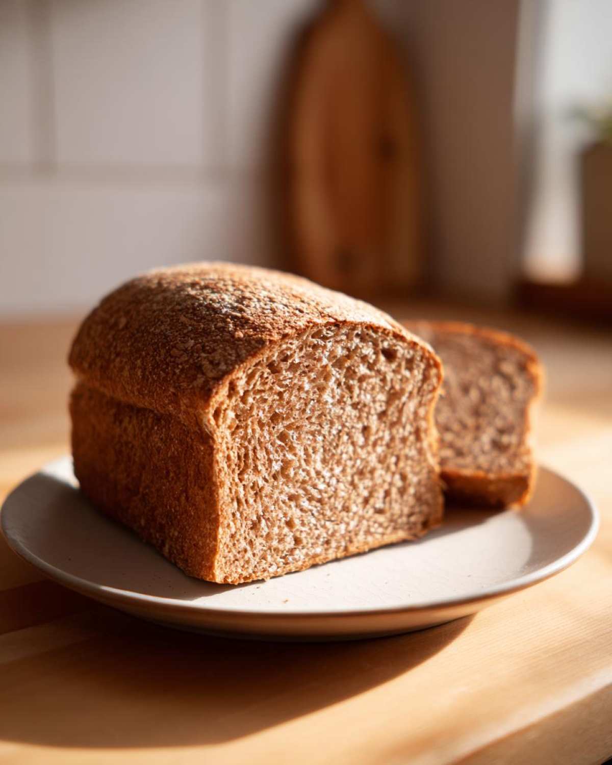 A freshly baked loaf of whole wheat bread, partially sliced, sitting on a light plate bathed in sunlight.