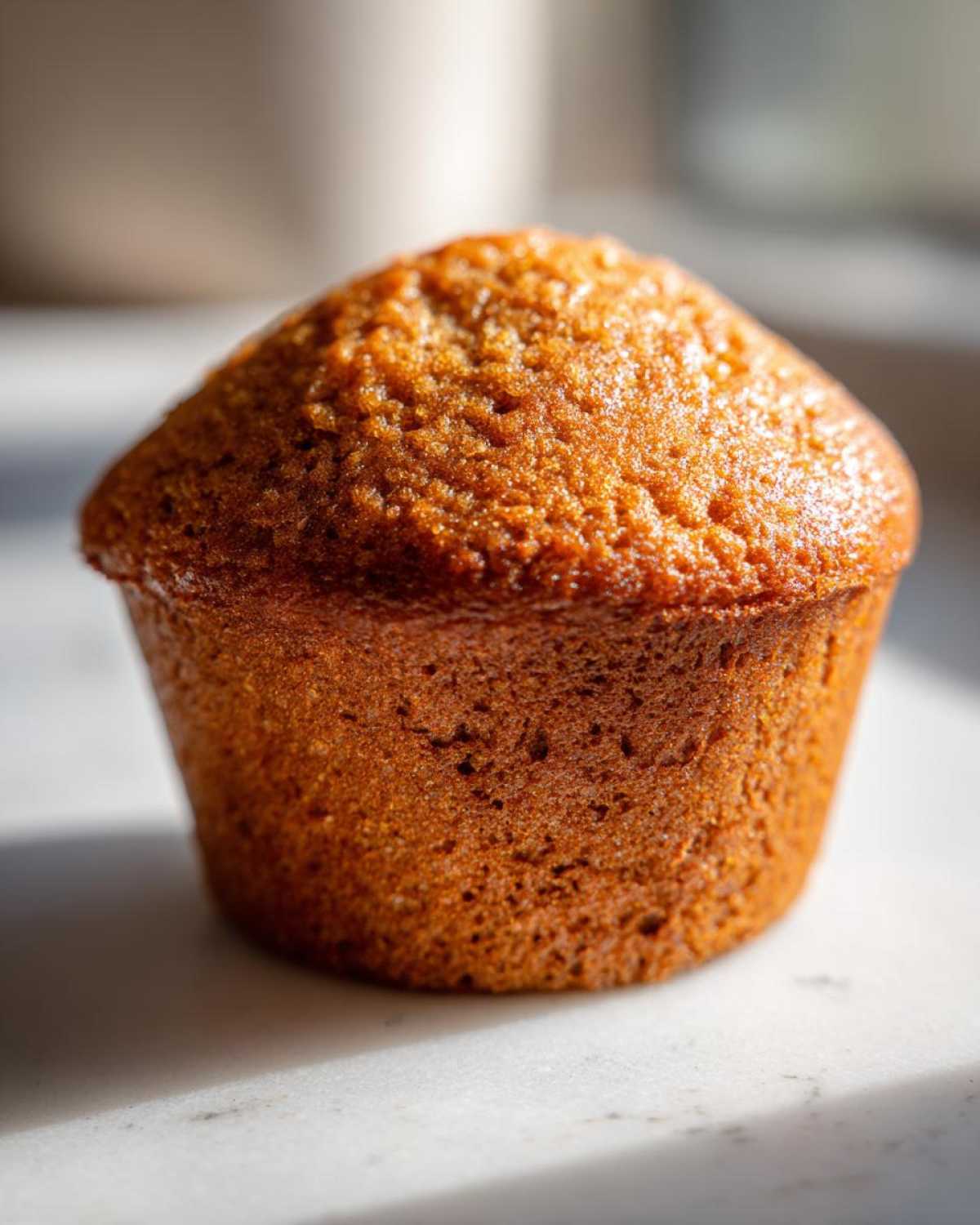 Close-up of a single, golden-brown honey bran muffin with a domed top sitting on a light surface.