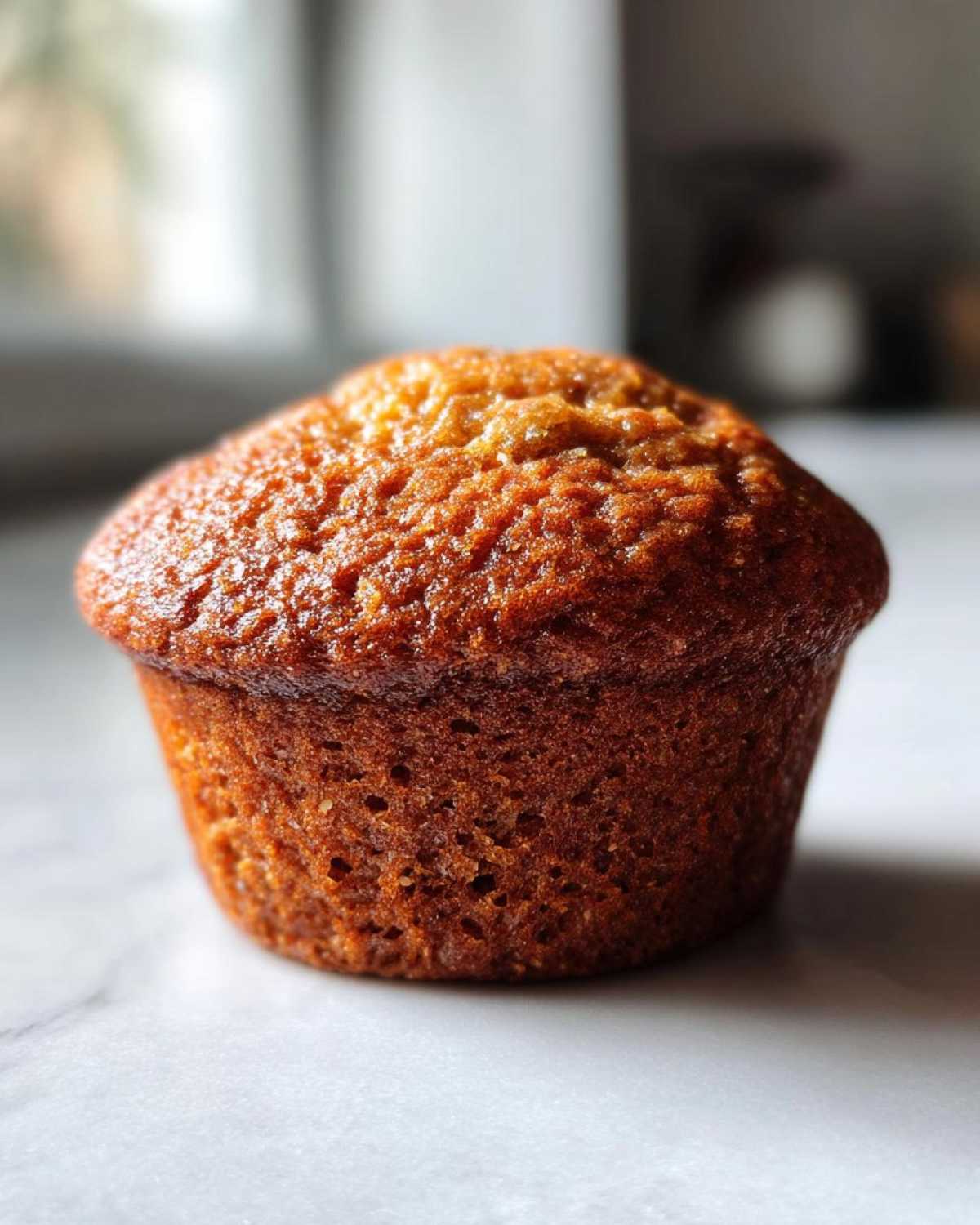 Close-up of a golden brown, perfectly domed honey bran muffin sitting on a white marble surface.