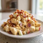 A mound of creamy honey mustard chicken salad topped generously with crispy bacon crumbles and diced red apples.