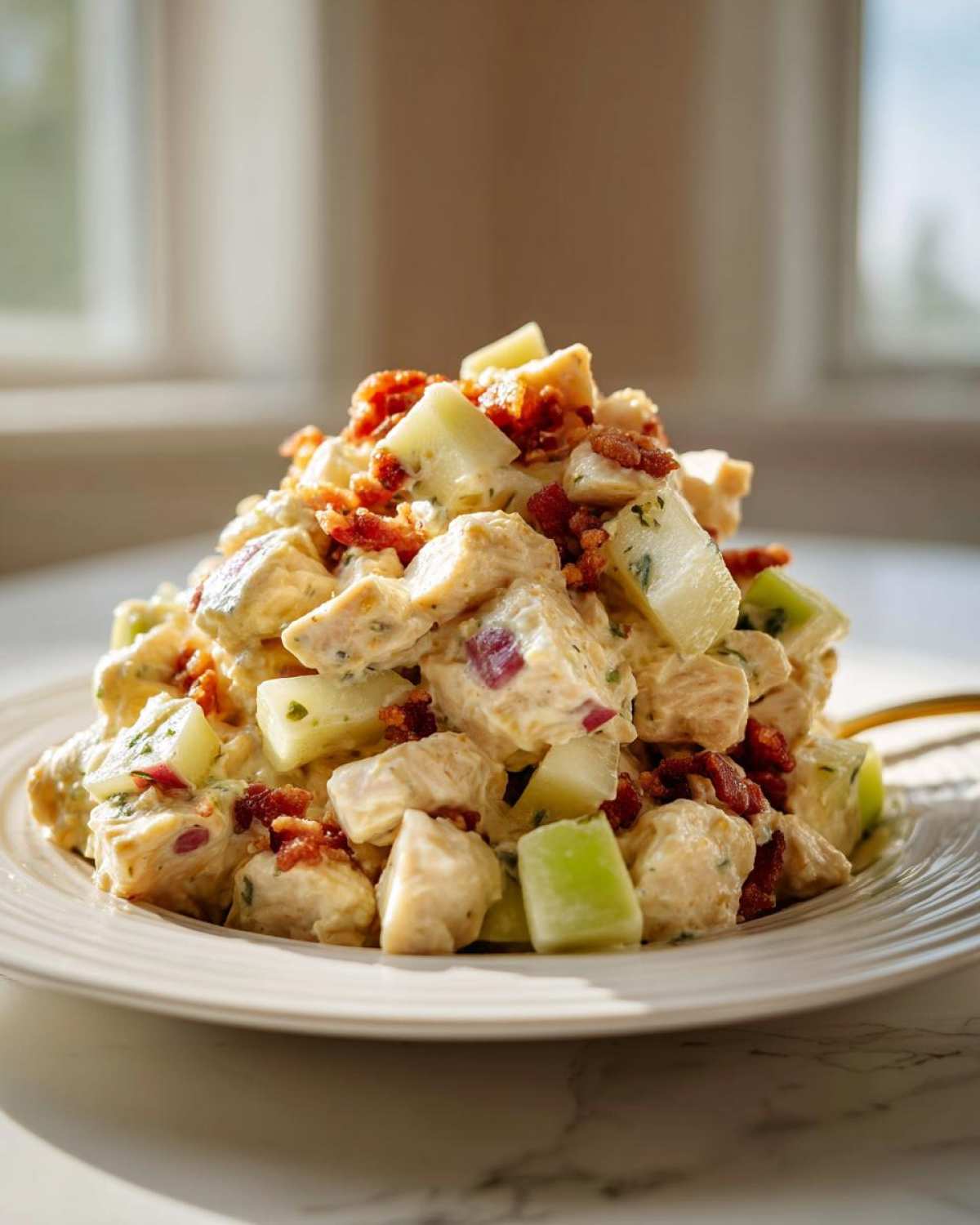 A mound of creamy honey mustard chicken salad mixed with diced apples and topped with crispy bacon bits.