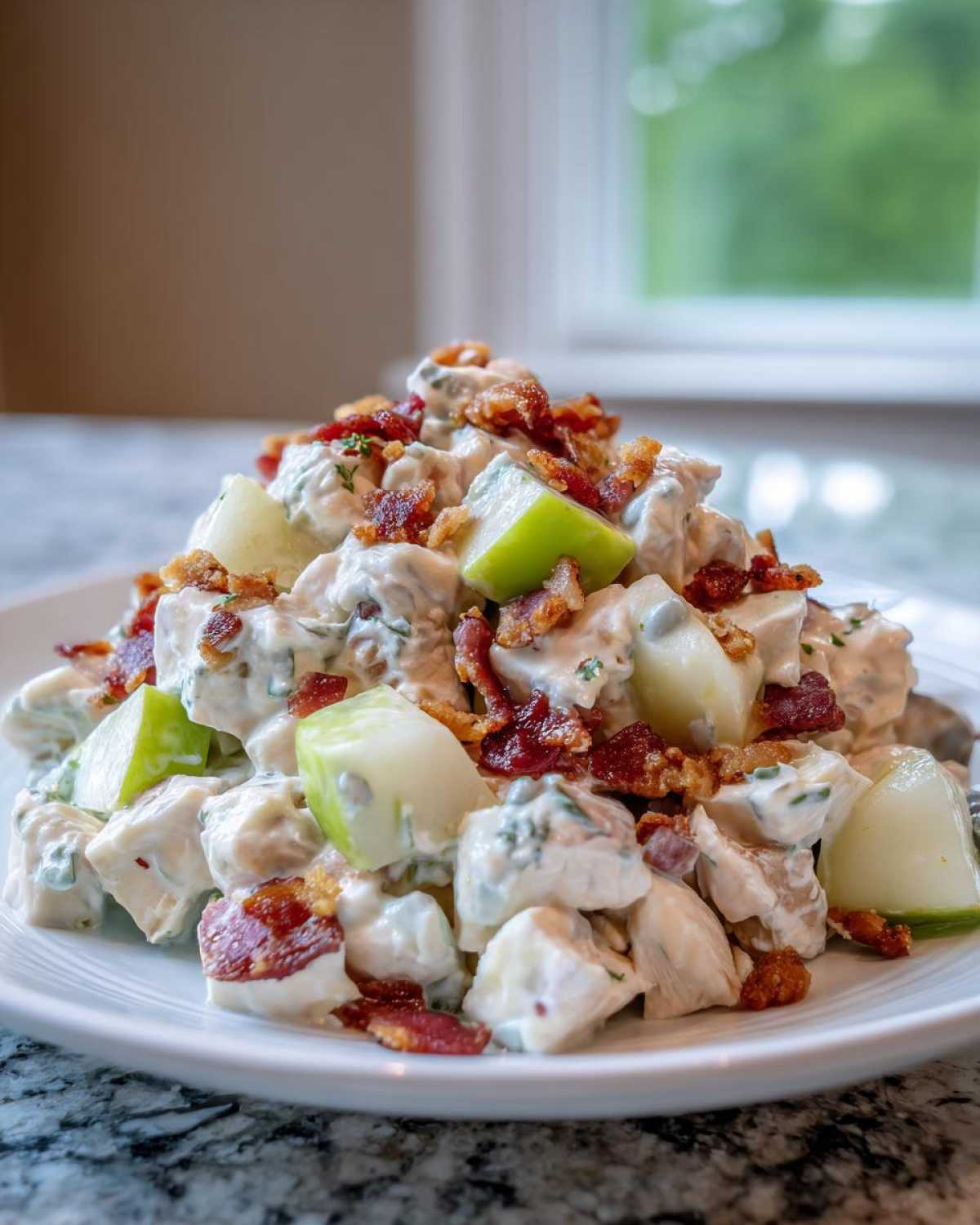 A mound of creamy honey mustard chicken salad mixed with chunks of green apple and topped generously with crispy bacon bits.