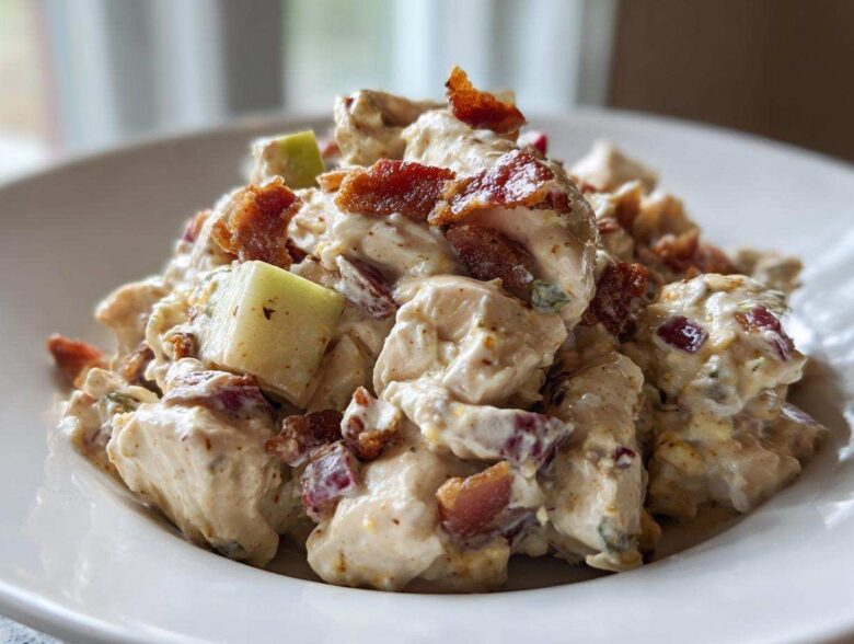 Close-up of creamy honey mustard chicken salad chunks topped with crispy bacon bits and green apple pieces.