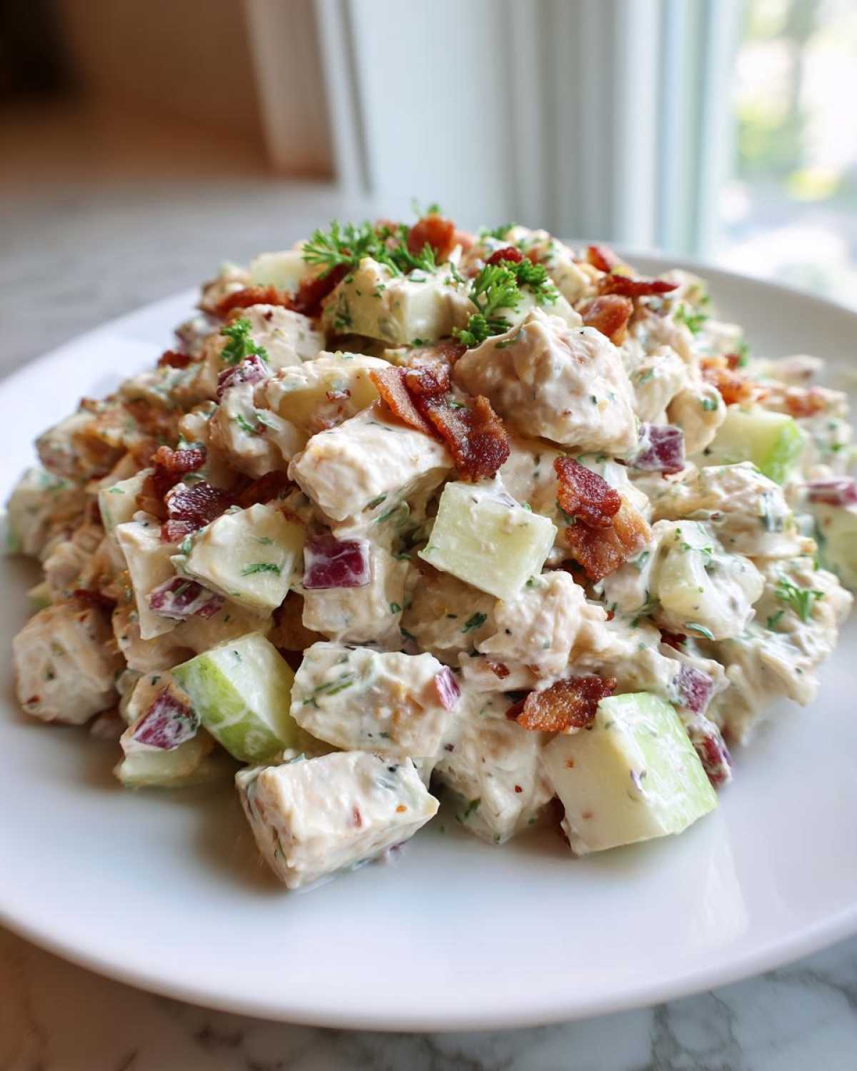 Close-up of creamy honey mustard chicken salad piled high on a white plate, topped with bacon bits and parsley.