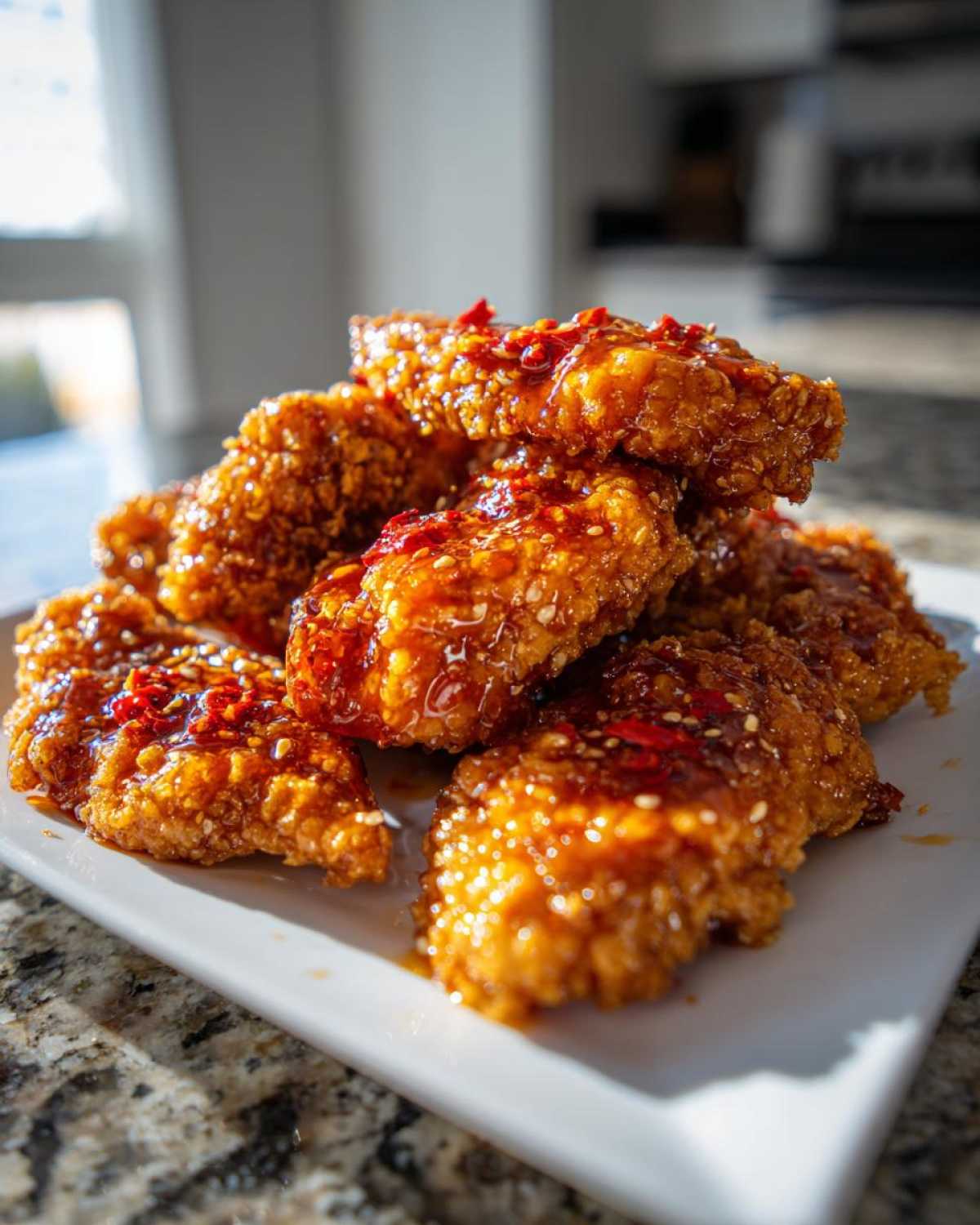 A stack of crispy, glazed hot honey chicken tenders topped with chili flakes and sesame seeds.