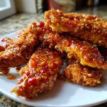 A close-up of crispy, golden brown hot honey chicken tenders generously coated in a glossy, spicy glaze.