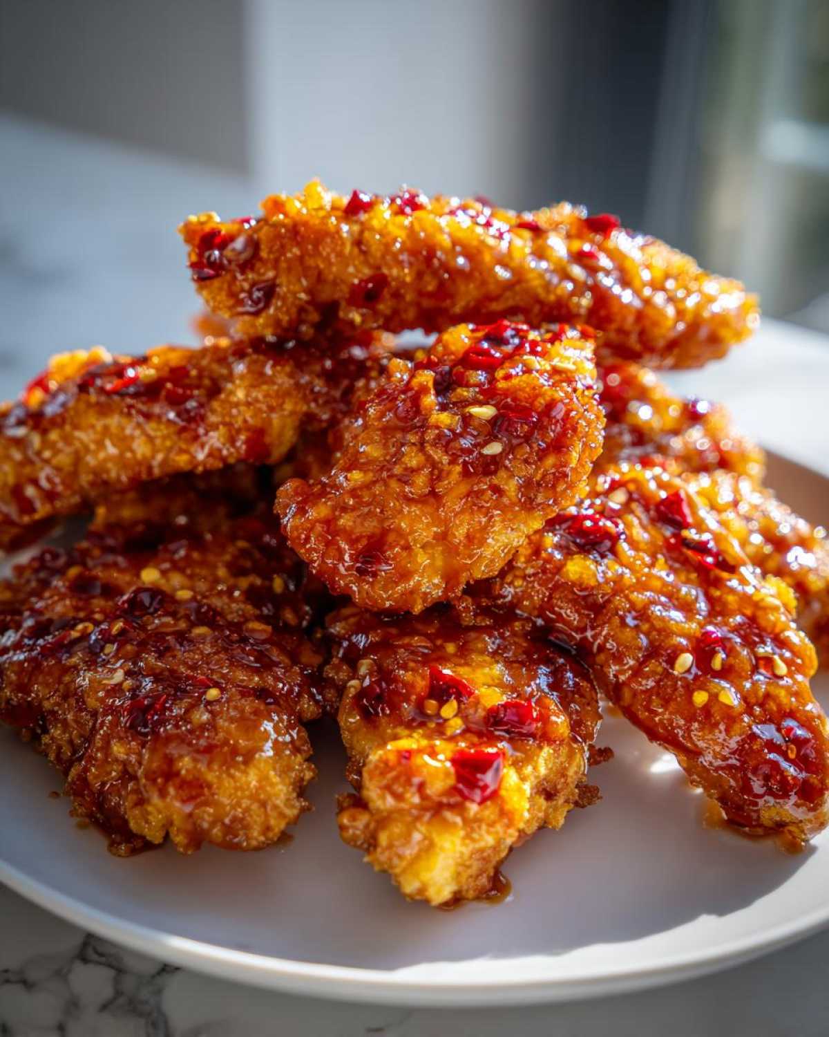 A stack of crispy, glazed hot honey chicken tenders covered in a sticky, spicy sauce with chili flakes.