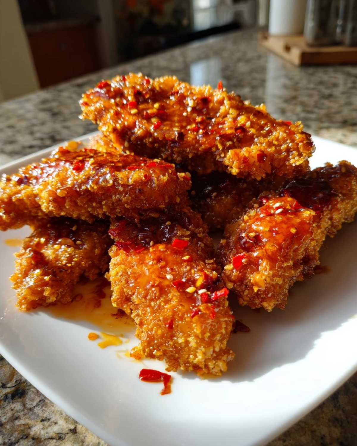 A pile of crispy hot honey chicken tenders coated in a shiny, spicy glaze with visible chili flakes.