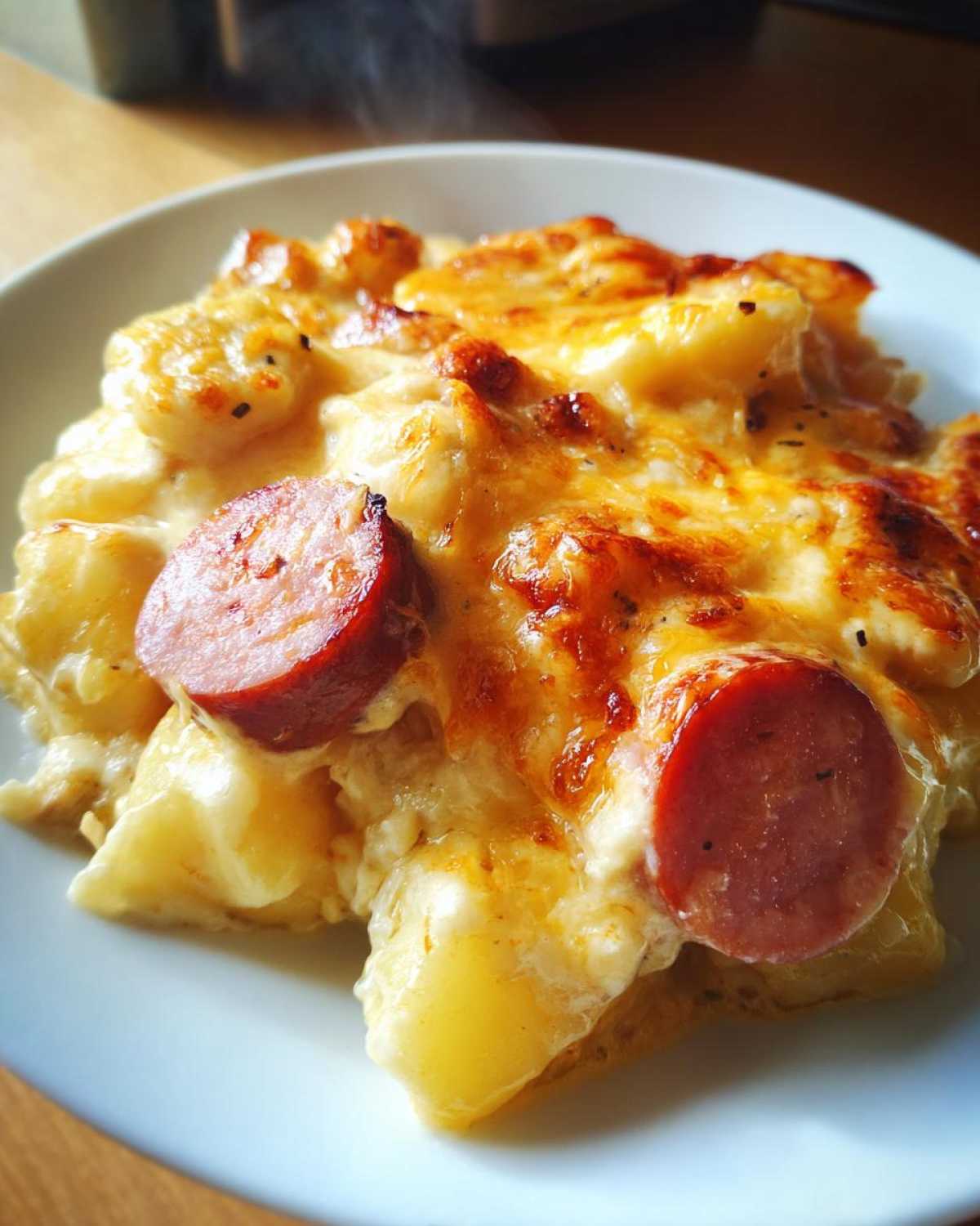 Close-up of a serving of hot pierogi casserole topped with melted, browned cheese and slices of smoked sausage.