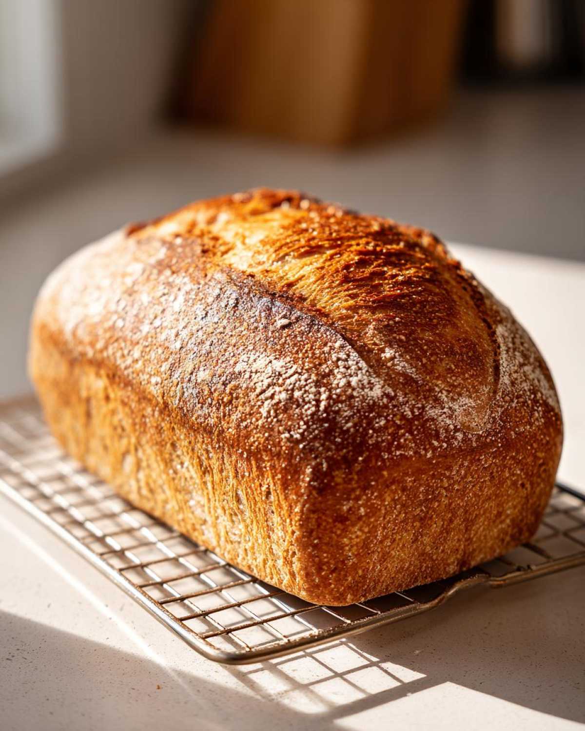 A freshly baked loaf of Italian bread cooling on a wire rack, featuring a deep golden, crackly crust.