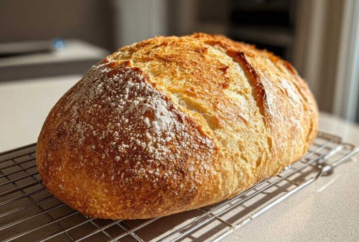 A freshly baked loaf of Italian bread with a golden, crackly crust dusted with flour, cooling on a wire rack.