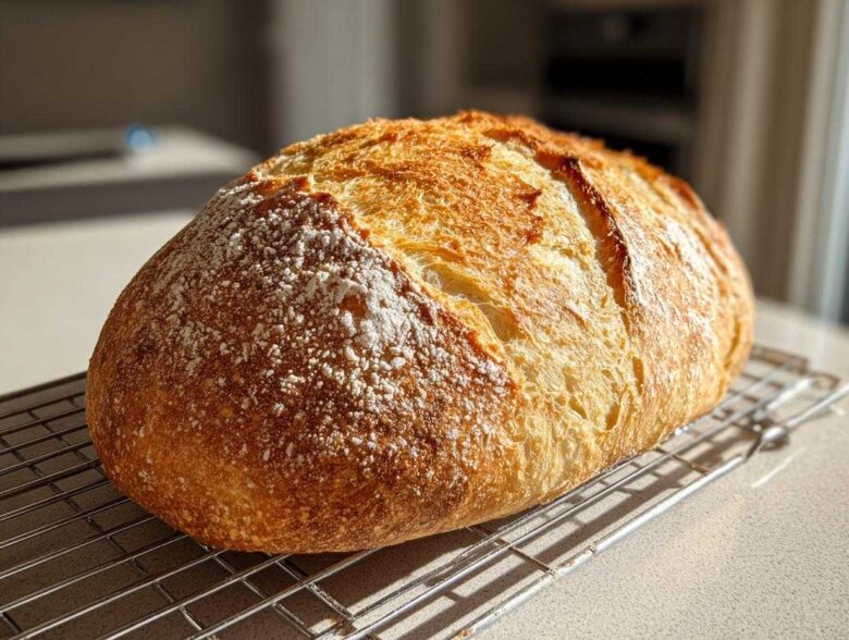 A freshly baked loaf of Italian bread with a golden, crackly crust dusted with flour, cooling on a wire rack.
