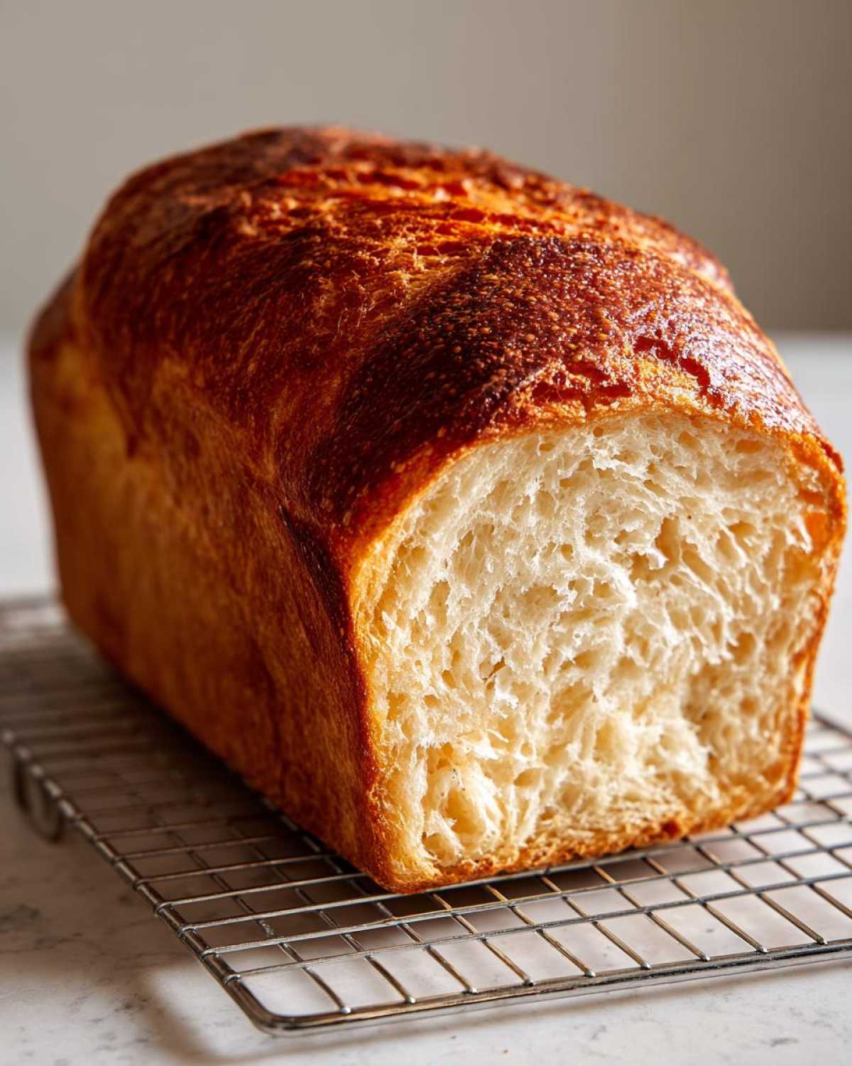 A loaf of freshly baked Italian bread with a dark golden, crackled crust, showing a soft, airy interior crumb.