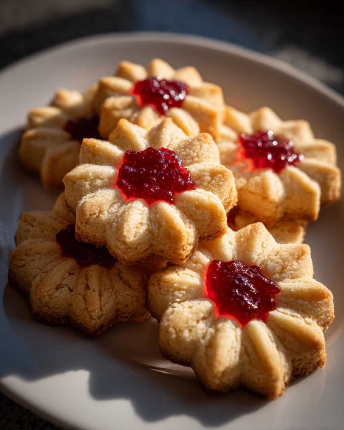Close-up of several golden Italian butter cookies shaped like flowers, each topped with a dollop of bright red jam.