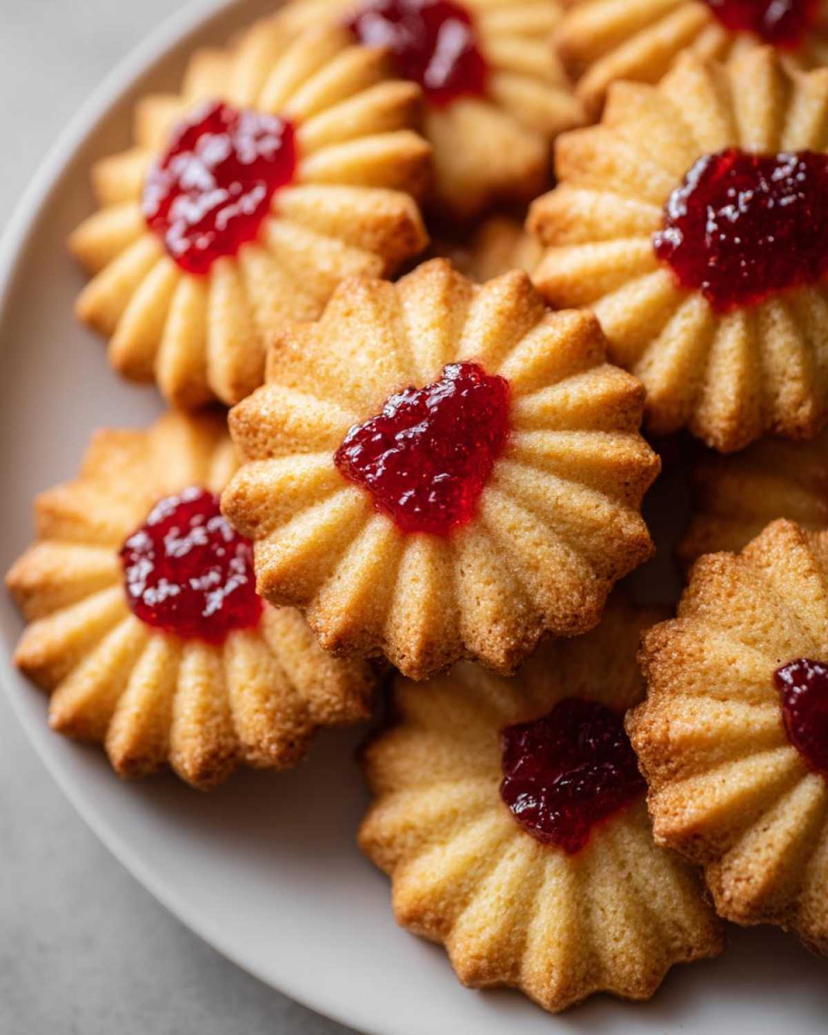 Close-up of several golden, star-shaped Italian butter cookies topped with a dollop of bright red jam.
