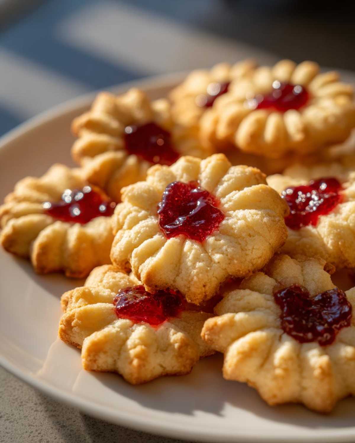 Close-up of freshly baked Italian butter cookies with a dollop of bright red jam in the center.