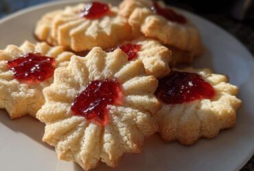 Close-up of star-shaped Italian butter cookies topped with bright red jam on a white plate.