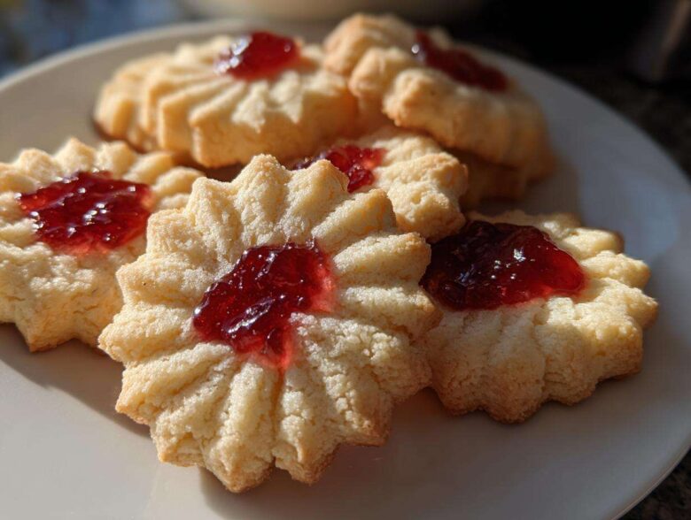 Close-up of star-shaped Italian butter cookies topped with bright red jam on a white plate.