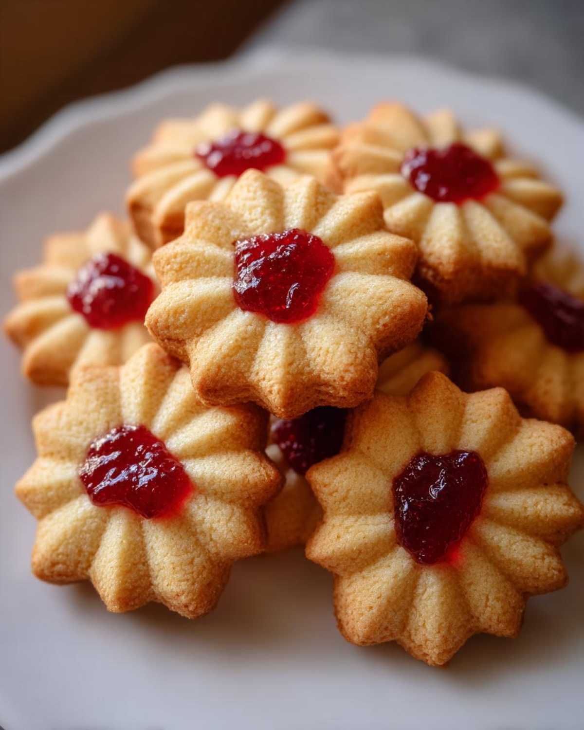 Close-up of several star-shaped Italian butter cookies topped with bright red jam.