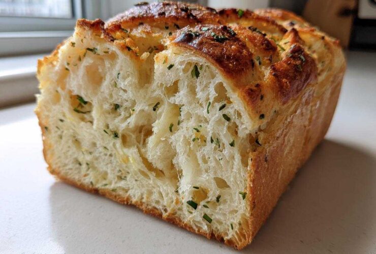 Close-up of a freshly baked loaf of Italian herb and cheese bread, showing the soft, airy interior texture.