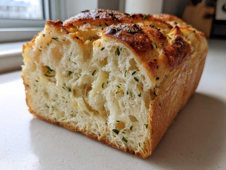 Close-up of a freshly baked loaf of Italian herb and cheese bread, showing the soft, airy interior texture.