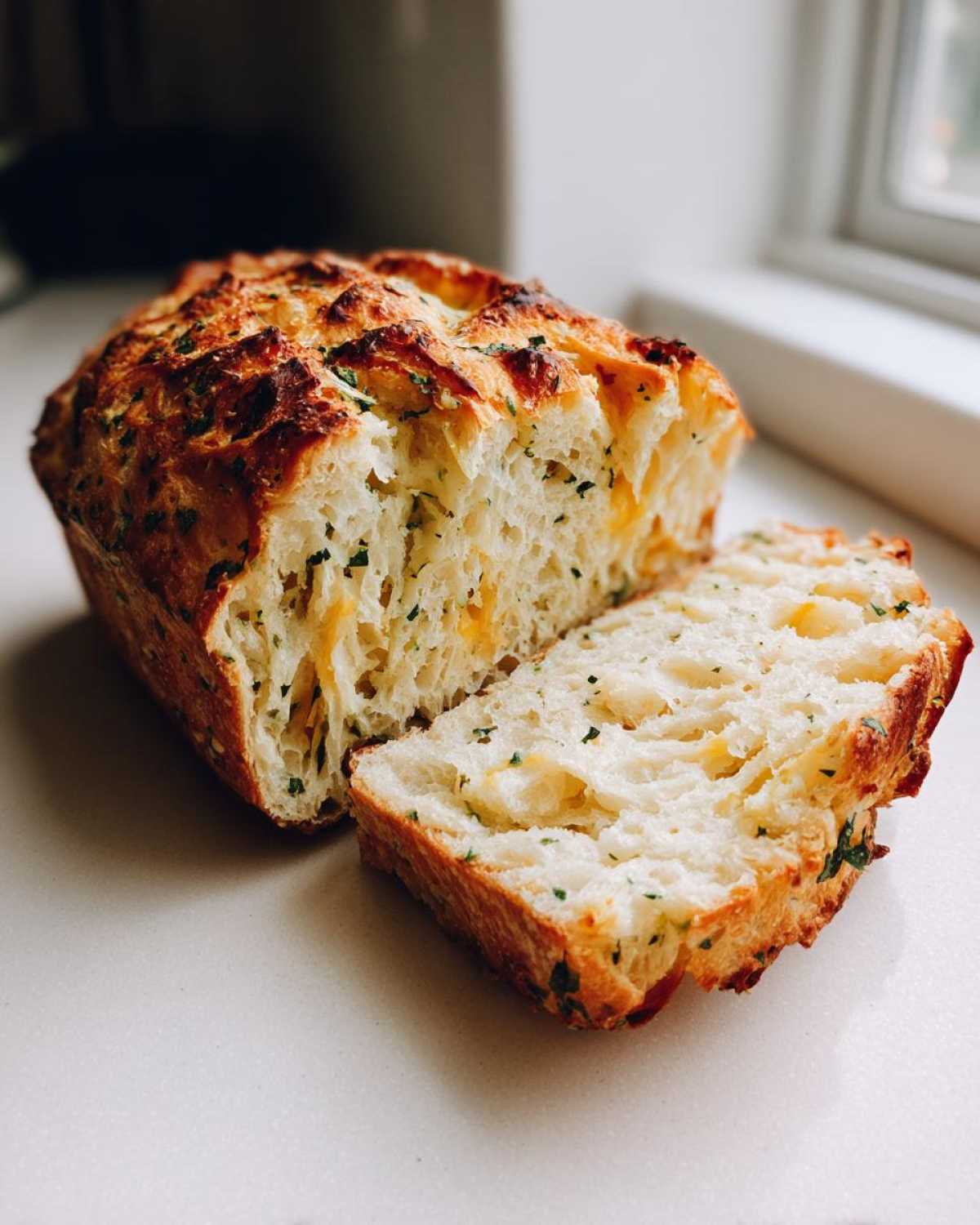 A golden-brown loaf of Italian herb and cheese bread, sliced open to show the soft, cheesy interior.