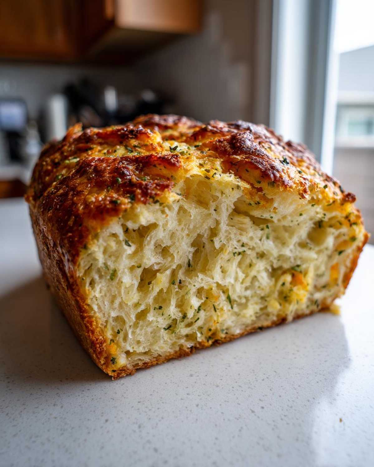 Close-up of a freshly baked Italian herb and cheese bread loaf, showing a fluffy interior studded with herbs and cheese.