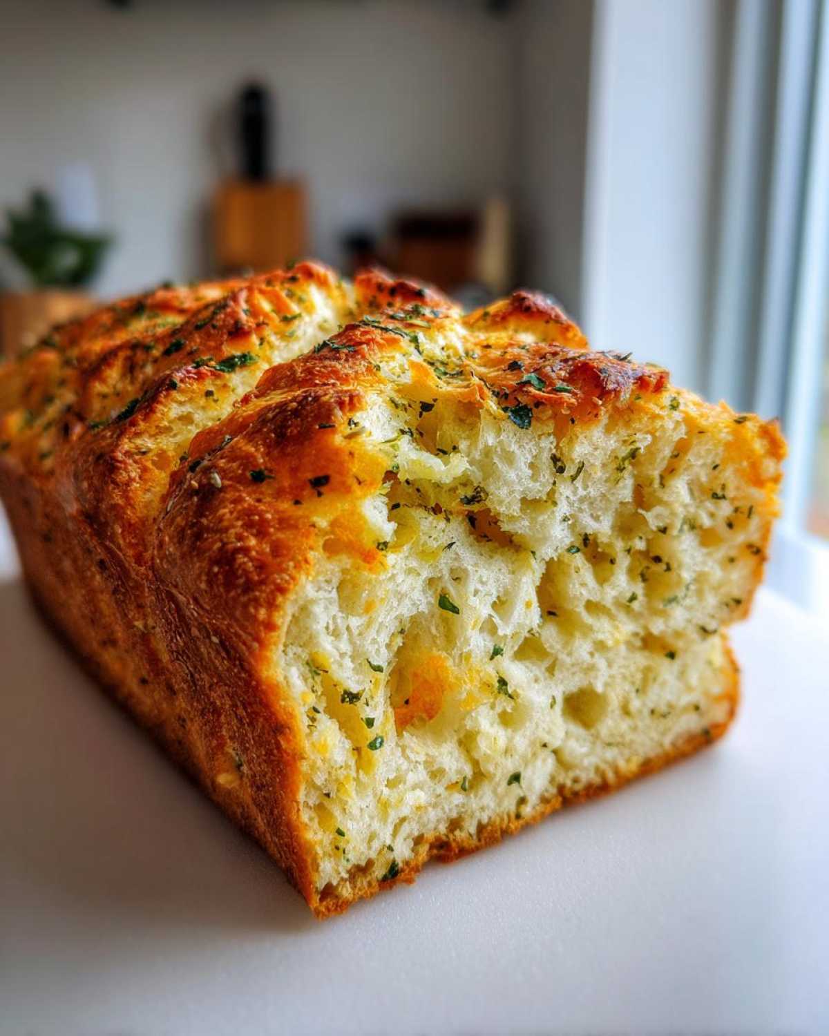Close-up of a freshly baked Italian herb and cheese bread loaf showing a fluffy interior with melted cheese and green herbs.