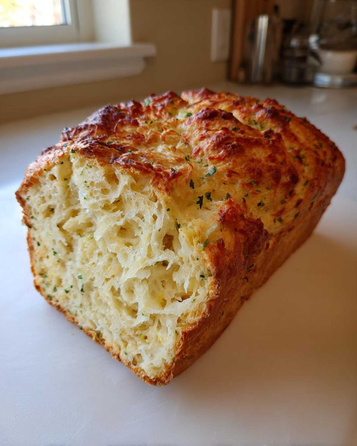 A golden brown loaf of Italian herb and cheese bread, showing its fluffy interior and cheesy, herbed crust.