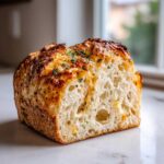 Close-up of a freshly baked Italian herb and cheese bread showing a light, airy crumb and cheesy, browned top.