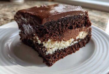 A decadent slice of Italian love cake featuring dark chocolate cake layers, white filling, and chocolate frosting.