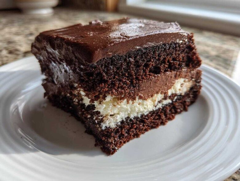 A decadent slice of Italian love cake featuring dark chocolate cake layers, white filling, and chocolate frosting.