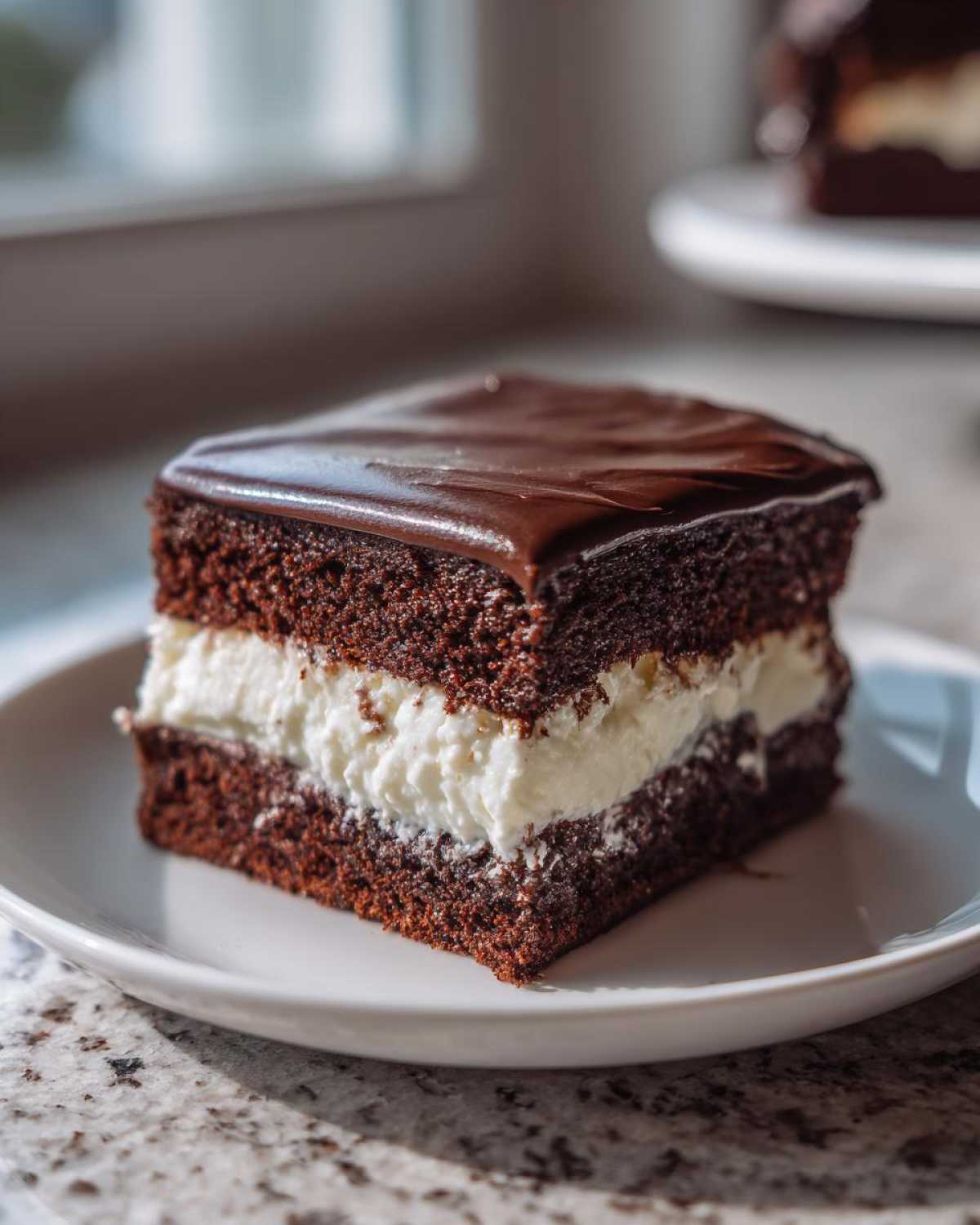 A square slice of rich Italian love cake featuring dark chocolate cake layers and a thick white cream filling, topped with glossy chocolate ganache.