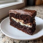 A decadent slice of Italian Love Cake featuring dark chocolate layers and a white coconut filling, topped with chocolate frosting.