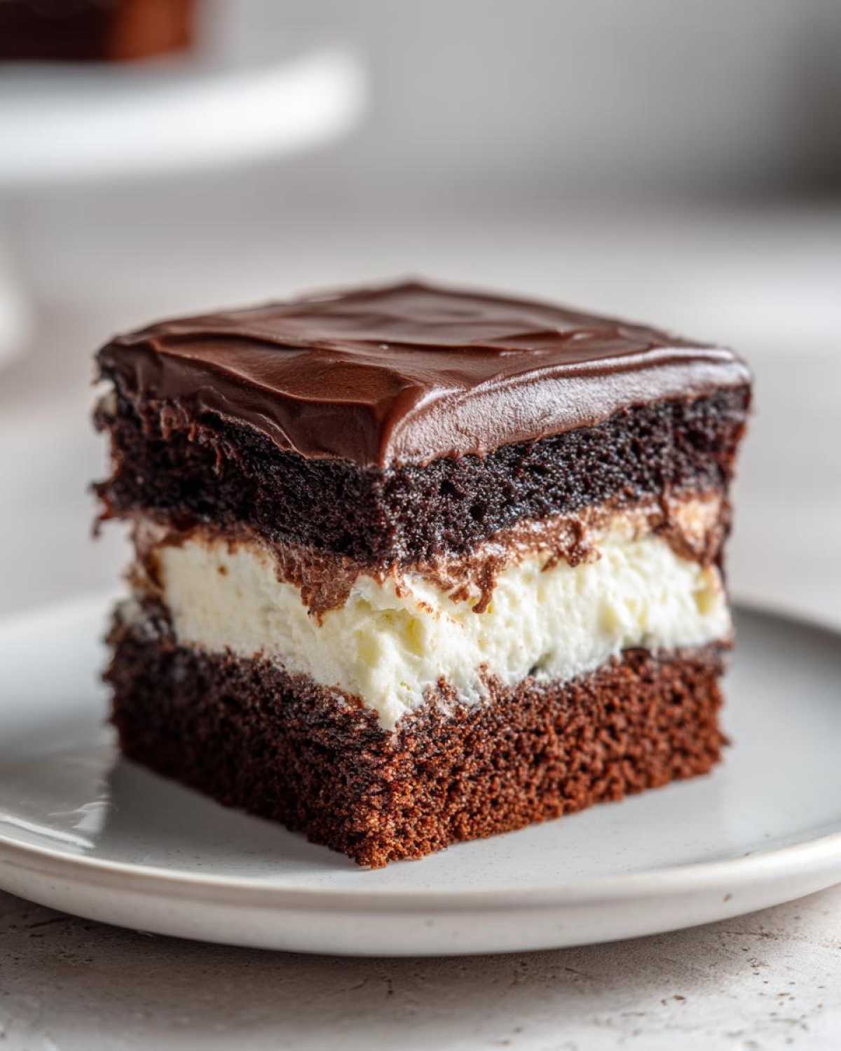 Close-up of a square slice of Italian Love Cake featuring dark chocolate cake layers and a thick white filling, topped with glossy chocolate ganache.
