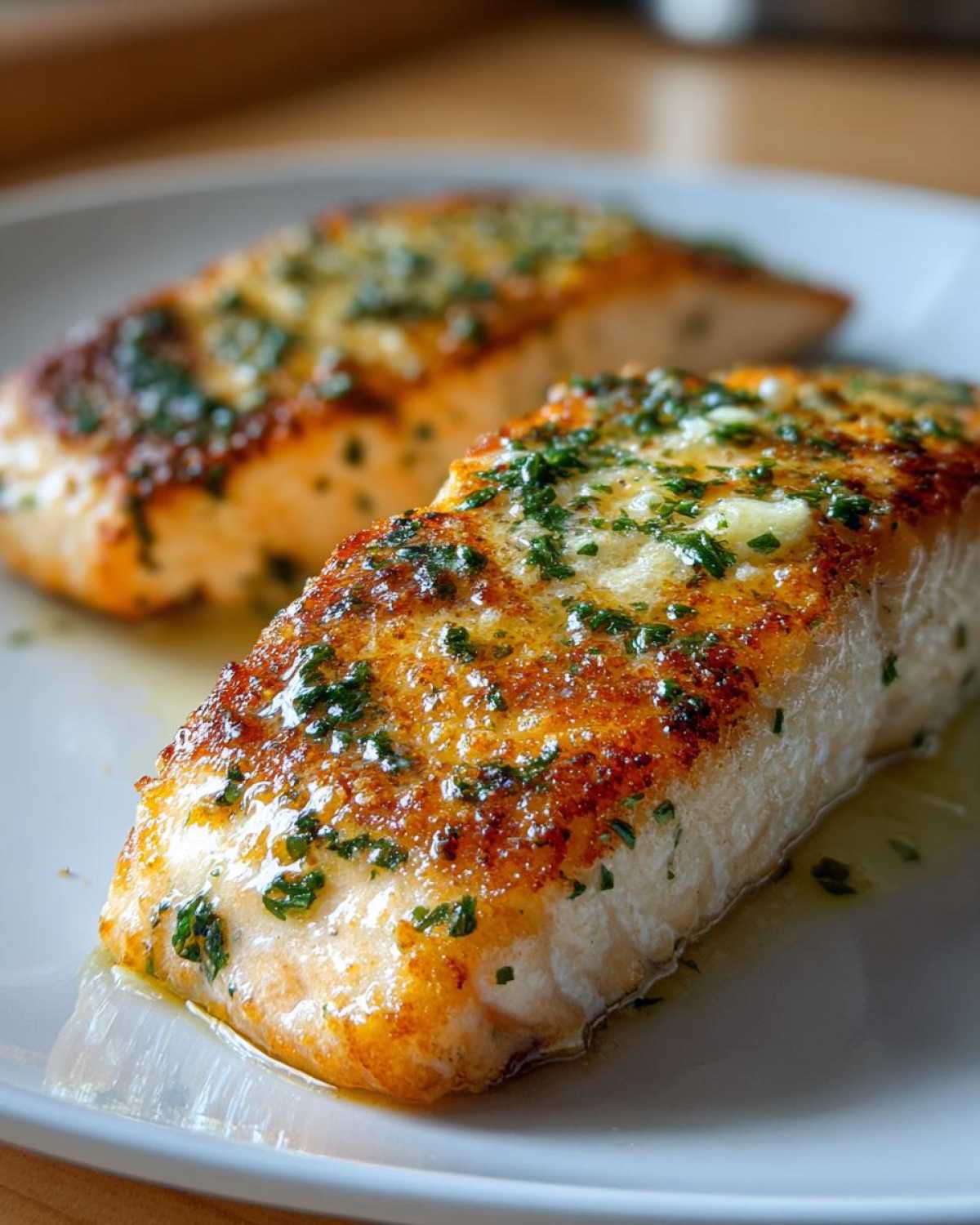 Close-up of two perfectly cooked fillets of air fryer salmon topped with melted butter and fresh parsley.
