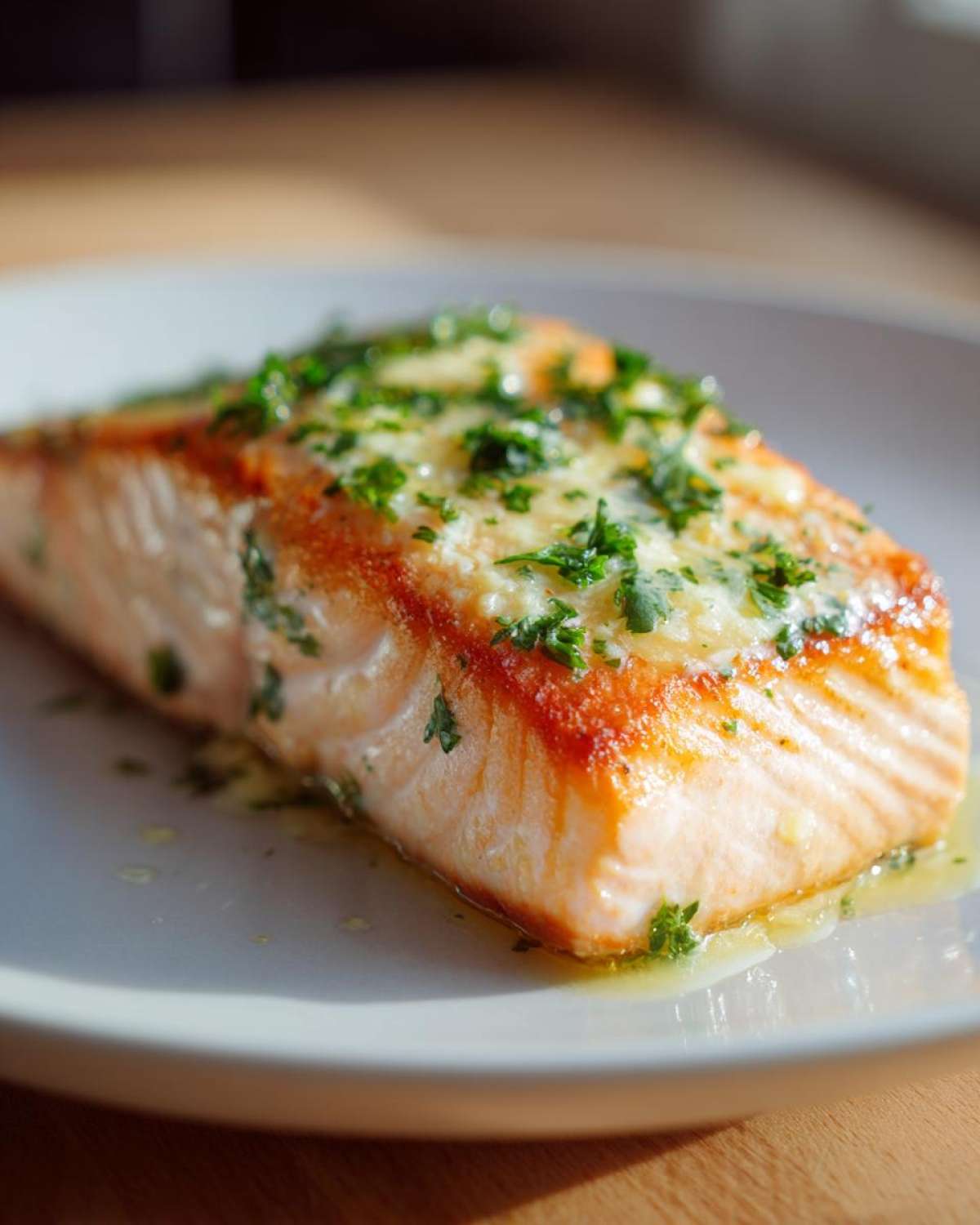 Close-up of a perfectly cooked piece of air fryer salmon topped with melted butter, garlic, and fresh chopped parsley.