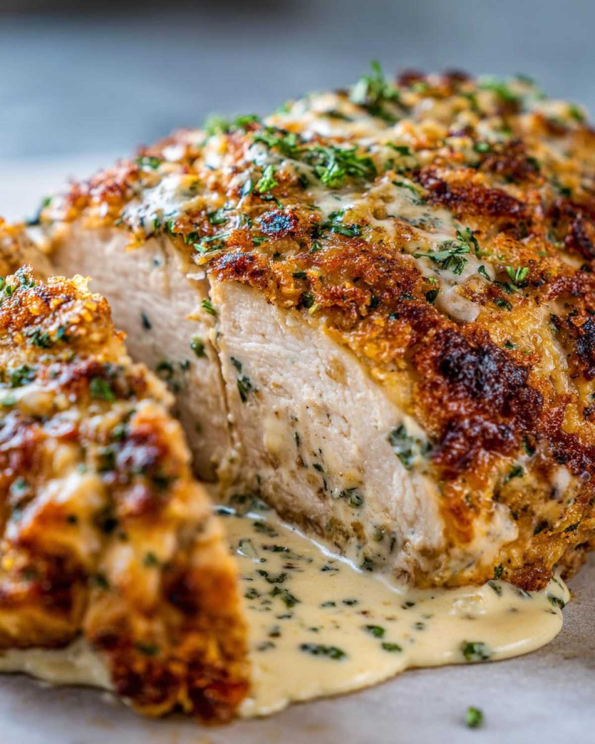 Cross-section of juicy caesar chicken breast topped with a golden crust and creamy sauce oozing out.
